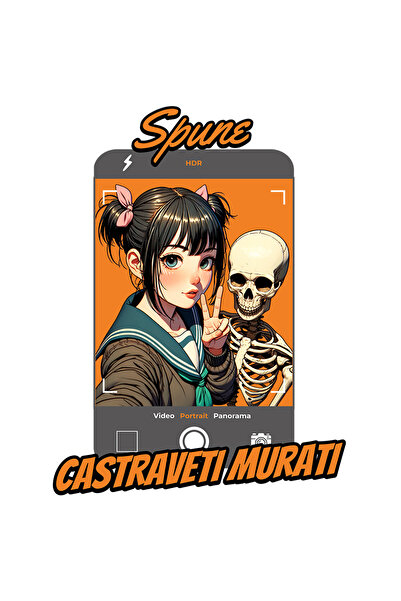 StoryGift Romania Sticker Eticheta 40CM Adeziv fata cu schelete facand selfie castraveti murati cu Margini Albe,