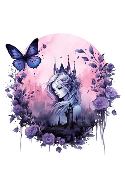 StoryGift Romania Sticker Eticheta 50CM cu o femeie frumusica, ilustratie, abstract, fluture, flori, regat, pala