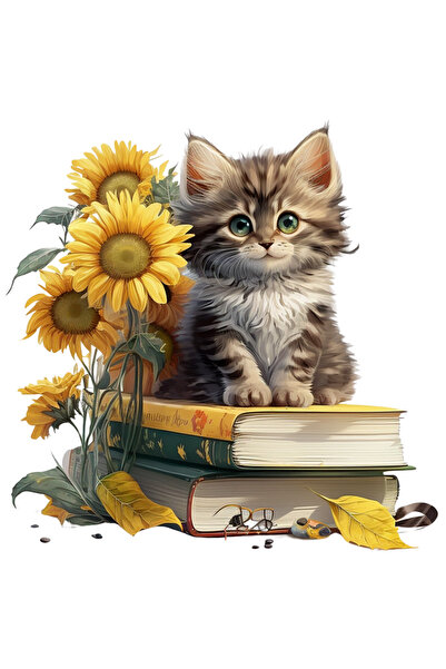 StoryGift Romania Sticker Eticheta 40CM cu un pisoi care sta pe 2 carti, ilus...