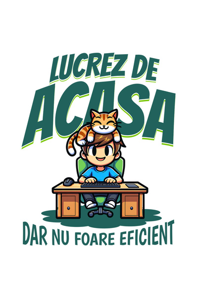 StoryGift Romania Sticker Autocolant 70CM cu Baiat La bIrou Vesel Cu Pisica P...