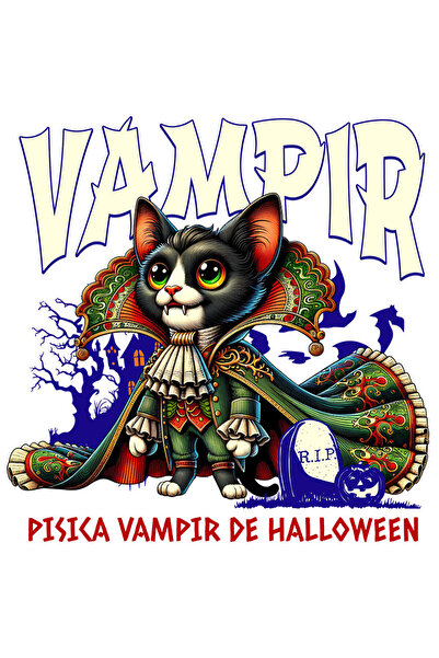 StoryGift Romania Sticker Adeziv 90CM cu Pisica Regina Vampir Cu Colti Text Pisica Vampir De Hallowen cu Margini