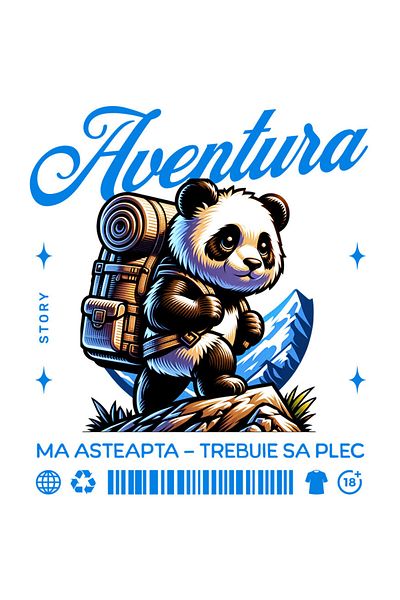 StoryGift Romania Sticker Eticheta 50CM cu Urs Panda Cu Rucsac Imens Pe Munte, Text Aventura Ma Asteapta Trebuie