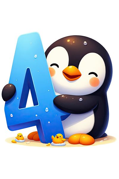StoryGift Romania Sticker Cu Un Pinguin Vesel Care Tine Cifra "4", Ilustratie, Scoala, Elevi, Matematica, In