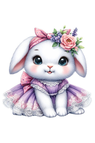 StoryGift Romania Sticker 70CM with a cheerful bunny wearing a purple, blushing dress, flowers,