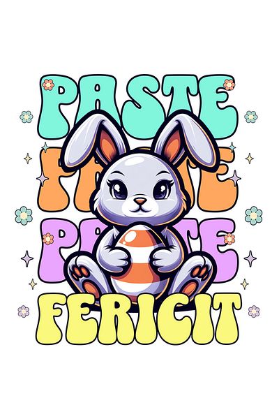 StoryGift Romania Sticker Eticheta 50CM cu Iepure De Paste Mov Vesel Cu Ou Colorat In Brate Text Paste Fericit,