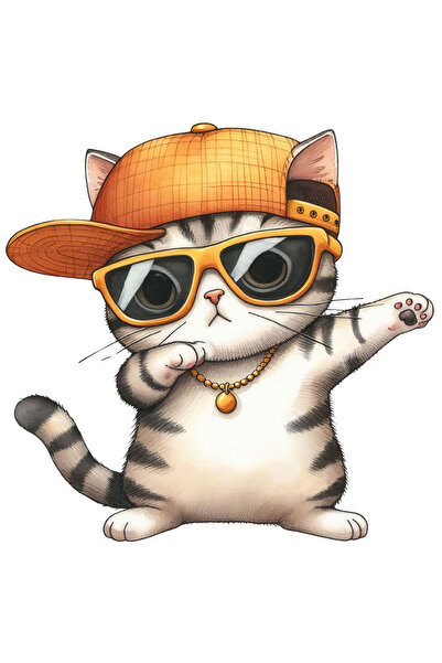 StoryGift Romania Sticker Eticheta 40CM cu o pisica, ilustratie, rap, sapca, ...