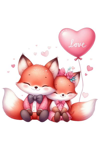 StoryGift Romania Sticker Eticheta 50CM cu o vulpe si un vulpoi, ilustratie, inimioare, prietenie, balon, inimio