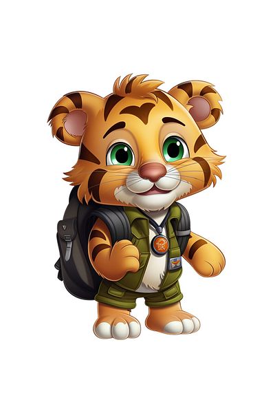 StoryGift Romania Sticker Label 50CM with an explorer tiger, illustration, green eyes, equipped, backpack, ready