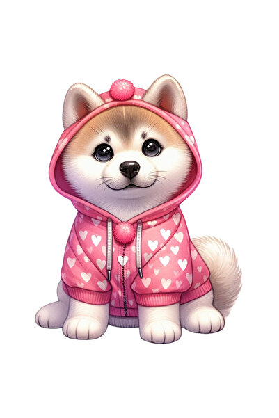 StoryGift Romania Sticker Adeziv 90CM cu un catel Akita Inu care poarta un hanorac cu inimioare, ilustratie, fer