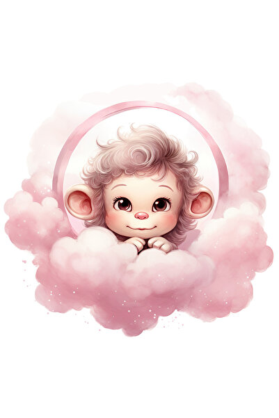 StoryGift Romania Sticker Adeziv 90CM cu o maimutica pe un norisor, ilustratie, vesela, pe taramul viselor, roz,