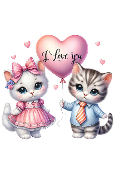 StoryGift Romania Sticker Eticheta 40CM cu o pisicuta si un pisoi, ilustratie, imbujorati, balon cu mesajul "I l