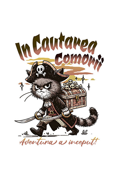 StoryGift Romania Sticker Eticheta 50CM cu Pisica Pirat Cu Palarie Si Cufar C...