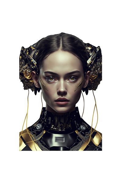 StoryGift Romania 90CM Adhesive Sticker With Portrait of Robot Girl, Brunette Hair, High Collar Armor, Superhero Armor