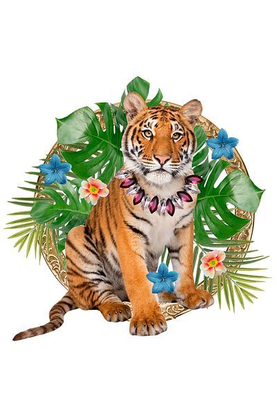 StoryGift Romania Tiger Cub Animal Portrait Sticker with Flower Necklace, In Nature, Jungle Animal, Love