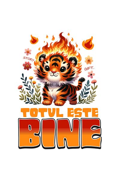 StoryGift Romania Adhesive Sticker 90CM with Animated Tiger Cub in Flames in Nature Colorful Flowers Ironic Text Everything