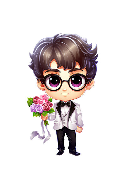 StoryGift Romania Sticker Autocolant 70CM cu un ginere care tine un buchet cu flori, ilustratie, pentru mireasa,