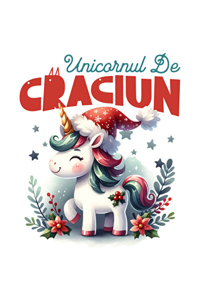 StoryGift Romania Sticker Eticheta 40CM cu Unicorn Vesel Roz Cu Caciula De Mos Craciun Text Unicornul De Craciun