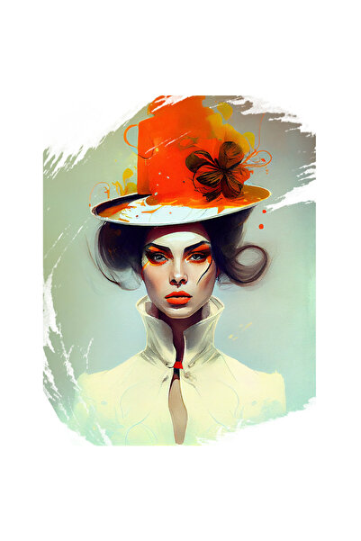 StoryGift Romania Sticker Eticheta 40CM Cu Pictura Portret Fata Cu Palarie Inalta Bizara, Par Brunet, Guler Inal