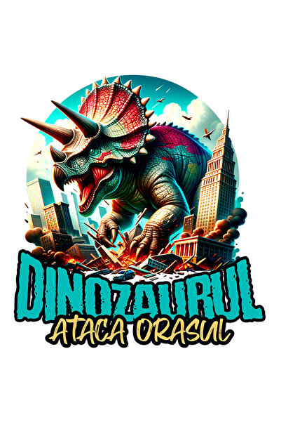 StoryGift Romania Sticker Autocolant 70CM cu Dinozaur Fioros Distruge Oras 3D Text Dinozaurului Ataca Orasul, Co