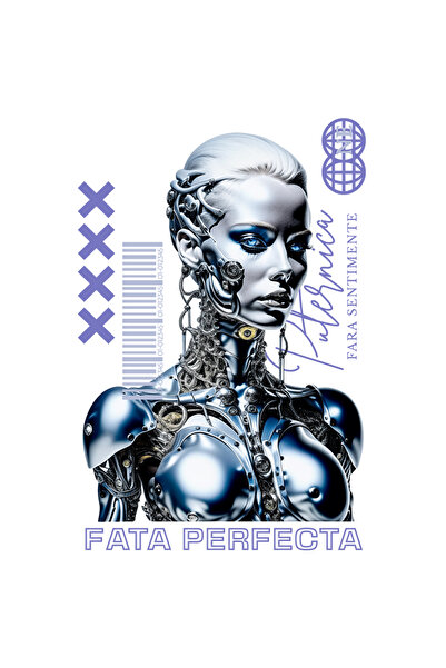 StoryGift Romania Sticker Adeziv Femeie Portret Robot Perfecta Puternica Lumea Digitala Cu Margini Albe, Pvc