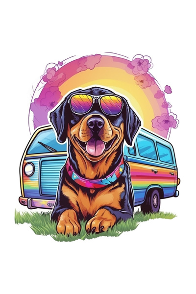 StoryGift Romania Sticker Adeziv 90CM Cu Un Caine in Fata unei Rulote in Culorile Curcubeului, Animale, Caini,