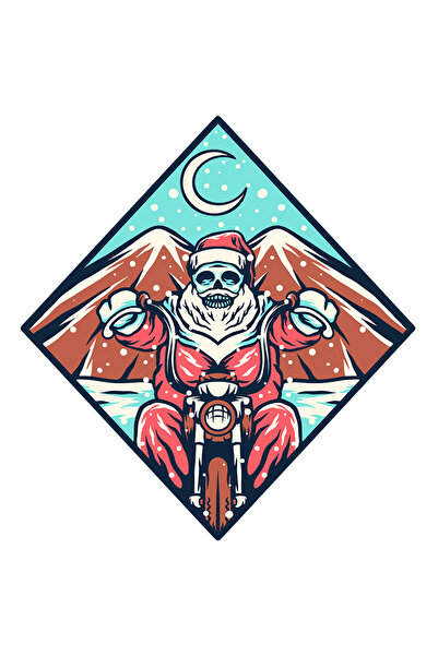 StoryGift Romania Sticker Cu Mos Craciun, Motocicleta, Schelet, Ninsoare, Cu Margini Albe, Pvc Vinyl 50 Cm