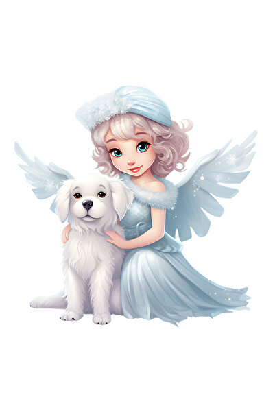 StoryGift Romania Sticker Adeziv 90CM cu o fetita cu aripi, ilustratie, catel alb, rochie, ninge, iarna, frig, f