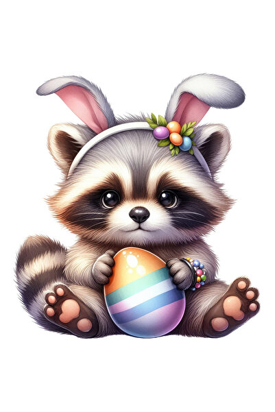 StoryGift Romania Sticker Adeziv 90CM cu un pui de raton care tine un ou vopsit, ilustratie, urechi de iepuras,