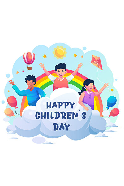 StoryGift Romania Sticker Adeziv 90CM Cu Mesaj In Engleza Happy Childern's Day, Ziua Copilului, Curcubeu, Baloan