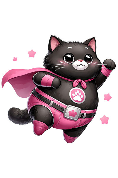 StoryGift Romania Sticker Autocolant 70CM cu o pisicuta grasuta eroina, ilustratie, neagra, roz, pelerina, stelu