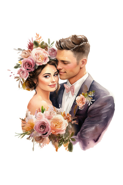 StoryGift Romania Sticker Adeziv 90CM cu o femeie si un barbat la nunta, ilustratie, casatorie, flori, mireasa,