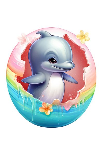 StoryGift Romania Sticker Autocolant 70CM cu un delfin vesel, ilustratie, apa, mare, iese dintr-un ou spart, flo