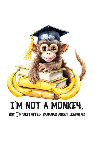 StoryGift Romania Sticker Eticheta 40CM cu o maimutica vesela care are carti si banane, ilustratie, palarie de a
