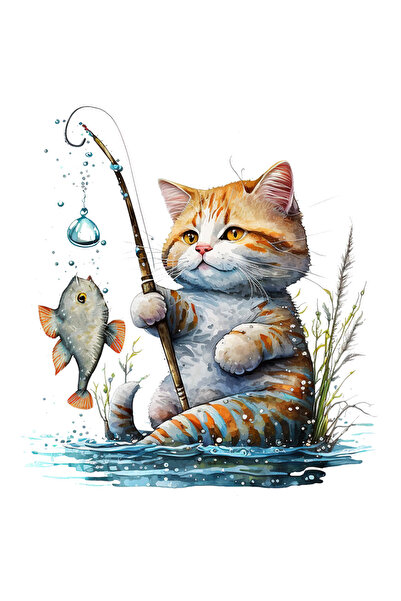 StoryGift Romania Sticker Autocolant 70CM cu o pisicuta care pescuieste, ilus...