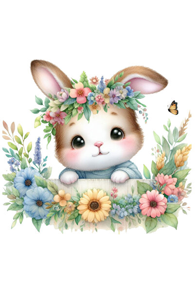 StoryGift Romania Sticker Adeziv 90CM cu un iepuras vesel, ilustratie, floricele divers colorate, coronita, imbu