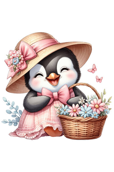 StoryGift Romania Sticker 70CM with a penguin in a dress, illustration, pink, hat, basket with flowers,
