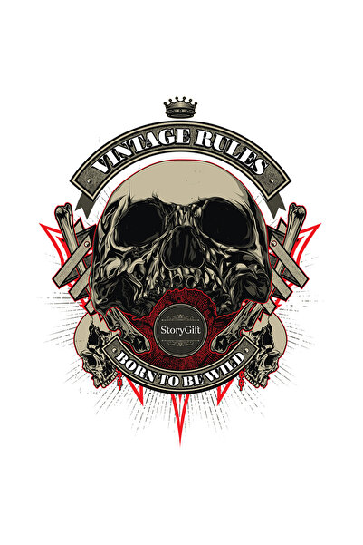 StoryGift Romania Sticker Cu Mesaj In Engleza Vintage Rules Born To Be Wild, Craniu, Cu Margini Albe, Pvc V