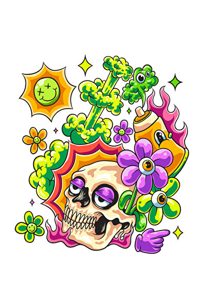 StoryGift Romania Sticker Cu Craniu, Flori, Ochi, Flacari, Cu Margini Albe, P...