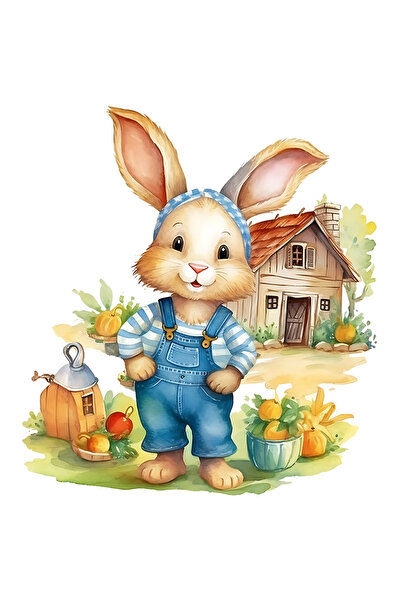 StoryGift Romania Sticker Autocolant 70CM cu un iepuras vesel, ilustratie, casuta in spate, natura, iarba, verde