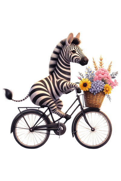 StoryGift Romania Sticker Autocolant 70CM cu o zebra care merge cu bicicleta, ilustratie, cosulet cu flori, plim