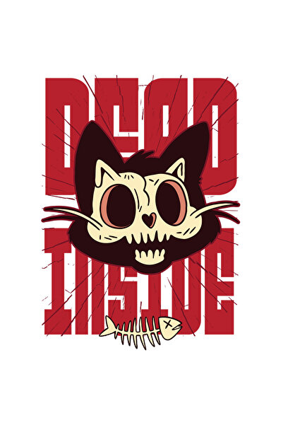 StoryGift Romania Sticker Eticheta 40CM Cu Mesaj In Engleza Dead Inside, Pisica, Craniu, Oase, Peste, cu Margin