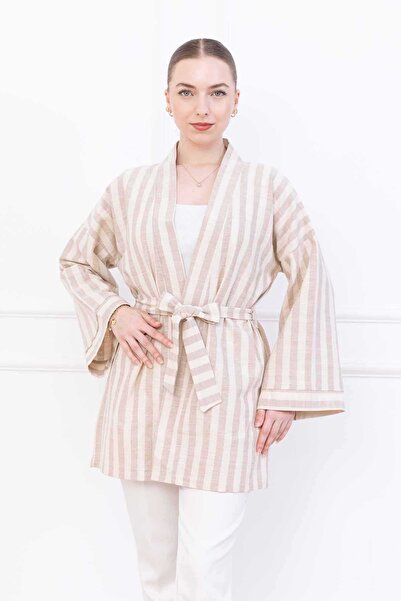 COTTOWOO Kadın Keten Görünümlü Kalın Çizgili Kimono