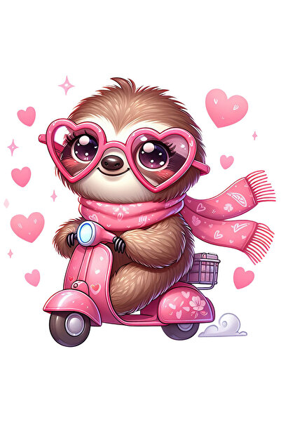 StoryGift Romania Sticker Adeziv 90CM cu un sloth/lenes care merge cu scuterul, ilustratie, plimbare, inimioare,