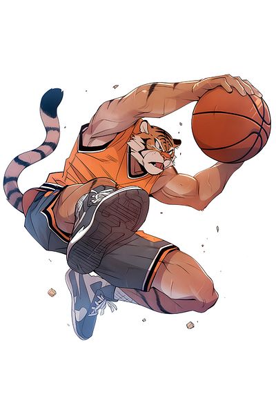 StoryGift Romania Sticker Label 50CM with a tiger playing basketball, illustration, sport, passion, match, talent