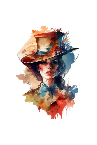 StoryGift Romania Sticker Eticheta 40CM Cu Pictura Portret Fata Bruneta Palarie Inalta, Funda Albastra La Gat, N