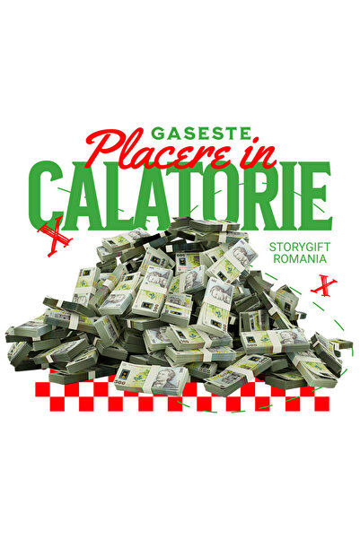 StoryGift Romania Sticker Adeziv 90CM cu Piramida Teanc De bani Bancnote 500 lei, Text Gaseste Placerea in calat