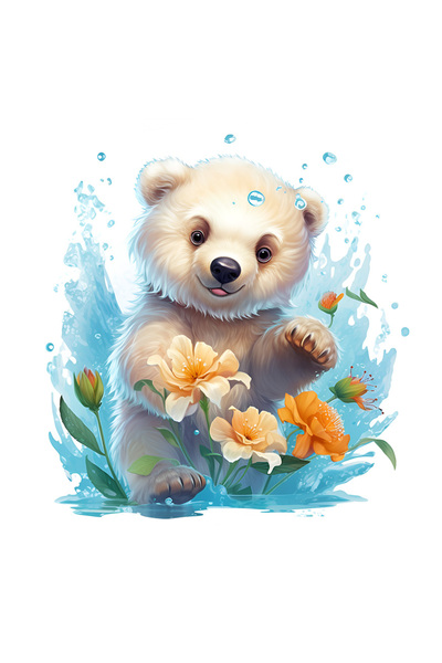 StoryGift Romania Sticker Adeziv 90CM cu un urs polar care se joaca, pentru copii, ilustratie, flori, vesel, cur