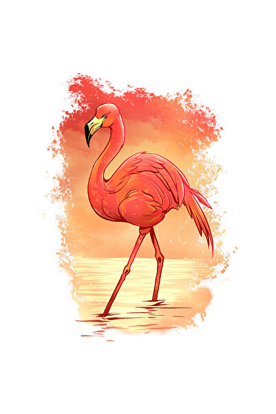 StoryGift Romania Sticker Cu Flamingo Roz In Lumina Apusului De Soare, La Malul Apei, Animal Exotic, Cadou P