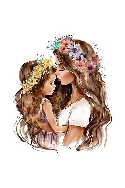 StoryGift Romania Sticker Eticheta 50CM cu o mama care isi tine fetita in brate, ilustratie, coronite din flori,