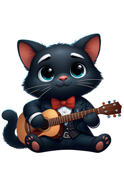 StoryGift Romania Sticker Adeziv 90CM cu o pisica neagra care canta la chitar...